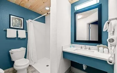 Private guest bathroom with shower and free toiletries at OYO Townhouse Orlando West.