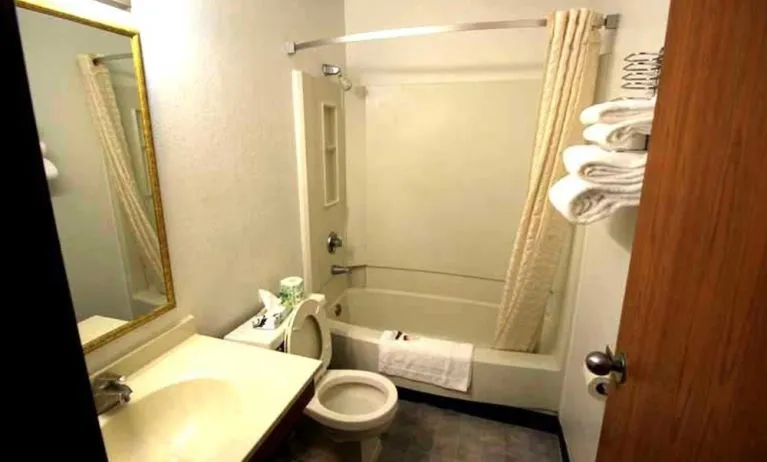 Private guest bathroom with combined tub and shower at Norwood Inn & Suites - Roseville.