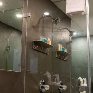 Private guest bathroom with shower and free toiletries at Hotel Chelsea, A South Beach Group Hotel.