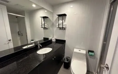 Private guest bathroom with shower and free toiletries at Regal Inn & Suites New York.