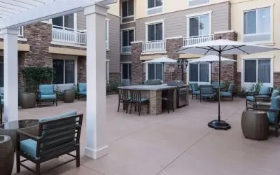 Outdoor lounge area at Homewood Suites By Hilton Agoura Hills.