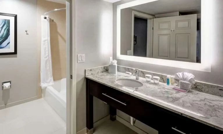 Private guest bathroom with combined tub and shower atHomewood Suites By Hilton San Jose Airport-Silicon Valley.