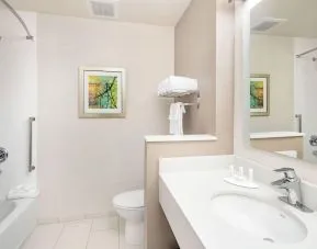 Guest bathroom with shower at Fairfield Inn & Suites By Marriott North Bergen.