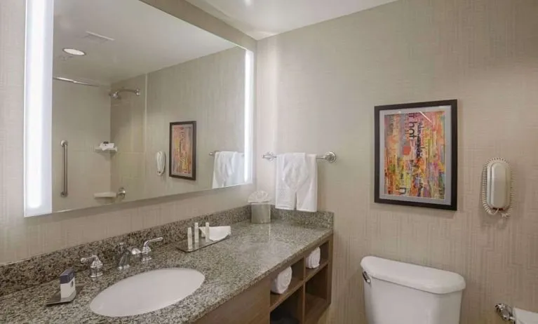 Private guest bathroom with shower and free toiletries at DoubleTree By Hilton San Francisco Airport North Bayfront.