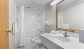 Private guest bathroom with combined shower and tub at Holiday Inn Express Chicago - Downers Grove.