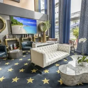 Lobby lounge area and workspace at Catalina Hotel & Beach Club.