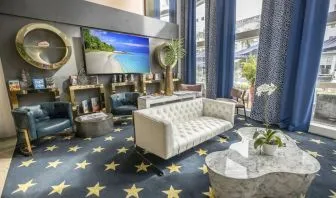 Lobby lounge area and workspace at Catalina Hotel & Beach Club.