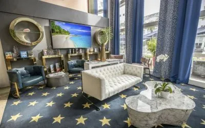 Lobby lounge area and workspace at Catalina Hotel & Beach Club.