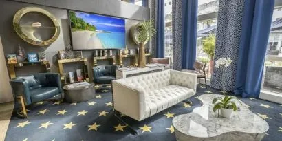Lobby lounge area and workspace at Catalina Hotel & Beach Club.