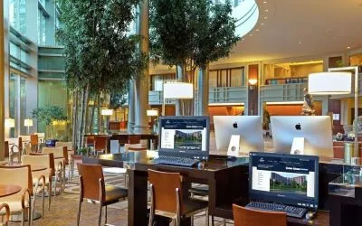 Lobby lounge and workspace at Hilton Boston Logan Airport