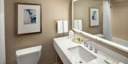 Private guest bathroom with combined shower and tub at Hilton Boston Logan Airport.