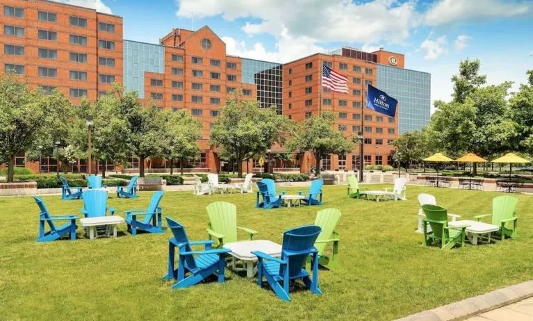 Outdoor seating area at Hilton Short Hills.