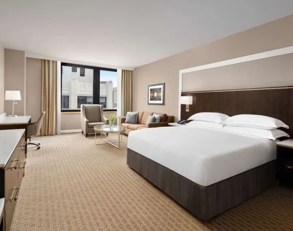Bright and spacious day use room with work desk at Hilton Indianapolis Hotel & Suites.