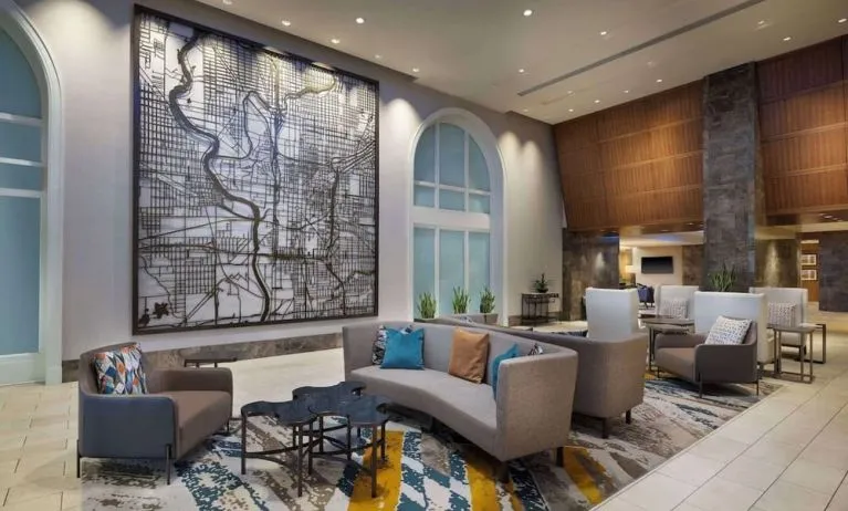 Hotel lobby at Hilton Indianapolis Hotel & Suites.