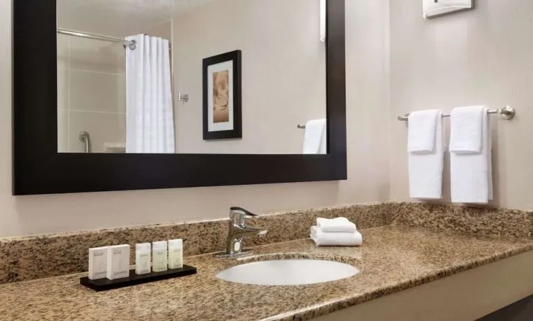 Private guest bathroom with shower and free toiletries at Embassy Suites By Hilton Convention Center Las Vegas.