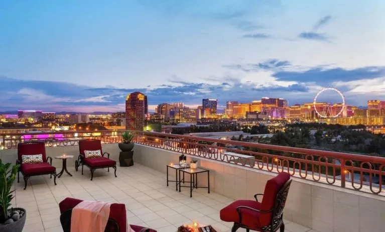 Rooftop terrace with lounge seating at Embassy Suites By Hilton Convention Center Las Vegas.