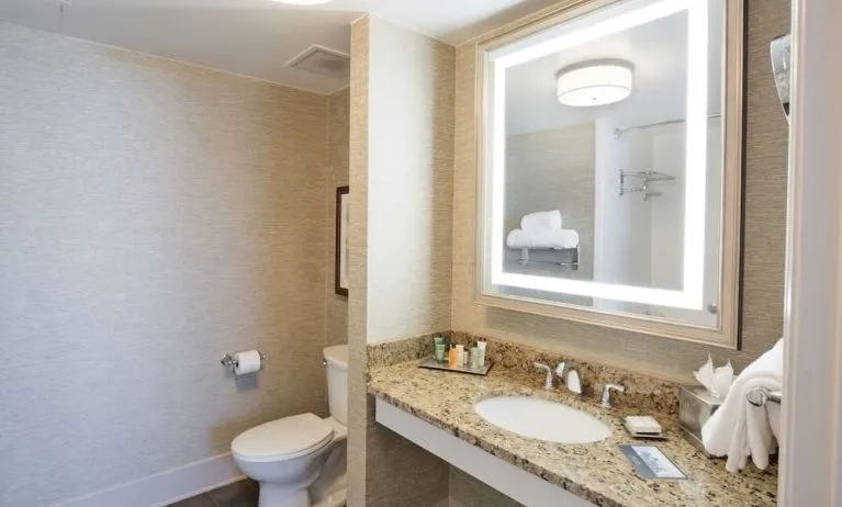 Private guest bathroom with shower and free toiletries at Hilton Baton Rouge Capitol Center.