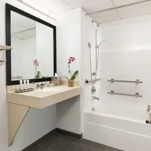 Guest bathroom with shower and tub at Hotel Studio Allston.