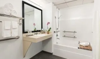 Guest bathroom with shower and tub at Hotel Studio Allston.