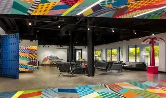 Lobby and coworking lounge at Hotel Studio Allston.