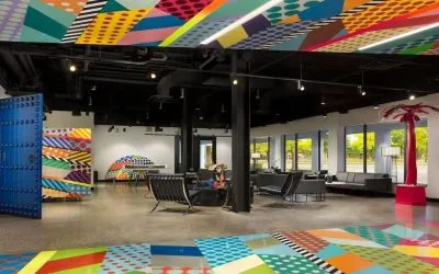 Lobby and coworking lounge at Hotel Studio Allston.