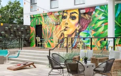 Courtyard perfect for coworking at Hotel Studio Allston.