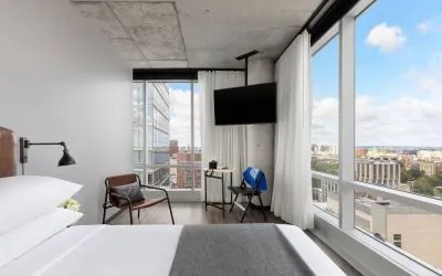Day use room with a view of the city at Moxy Boston Downtown.