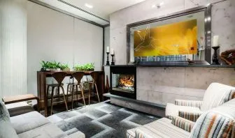 Lobby and coworking lounge at Hilton Garden Inn New York/West 35th Street.
