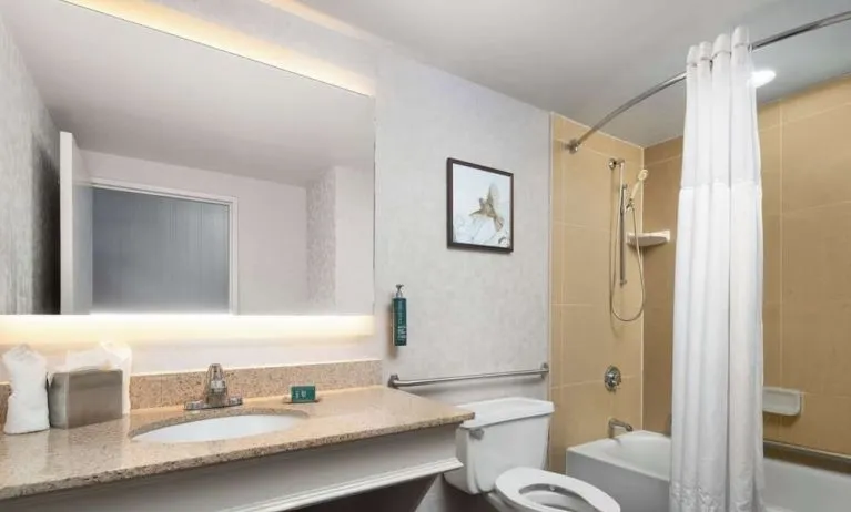 Private guest bathroom with combined shower and tub at DoubleTree By Hilton Hartford - Bradley Airport.