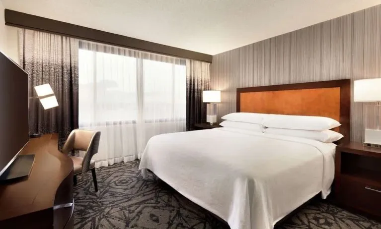 Delux king room with TV and work desk at Embassy Suites By Hilton Santa Clara Silicon Valley.