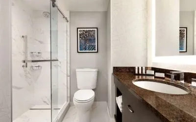 Private guest bathroom with shower at Embassy Suites By Hilton Santa Clara Silicon Valley.