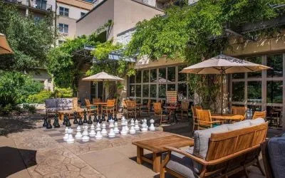 Outdoor garden and coworking space at Hilton San Antonio Hill Country.