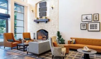 Lobby and coworking lounge at Hilton San Antonio Hill Country.