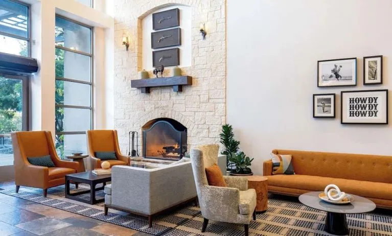 Lobby and coworking lounge at Hilton San Antonio Hill Country.