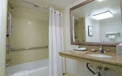 Guest bathroom with shower and tub at Hilton Los Angeles Airport.