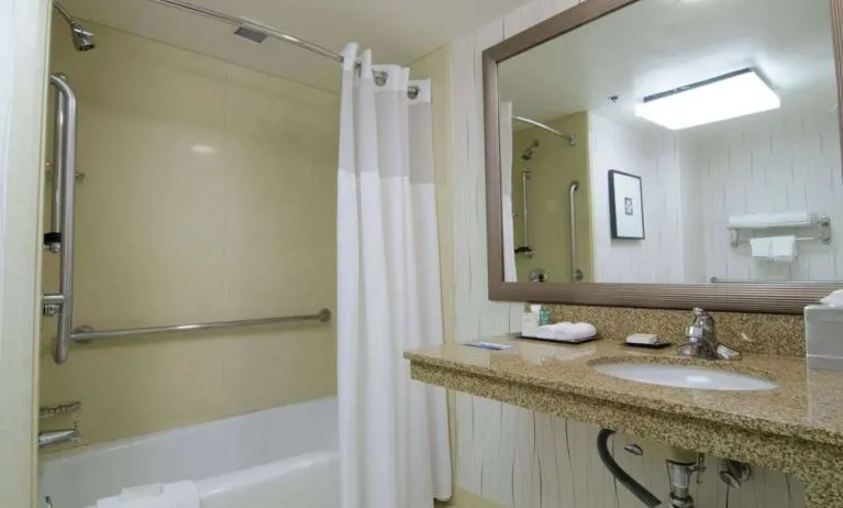 Guest bathroom with shower and tub at Hilton Los Angeles Airport.