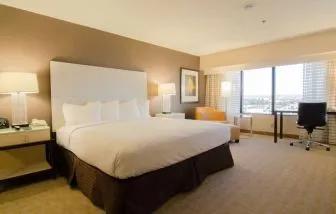 Delux king room with work desk and natural light at Hilton Los Angeles Airport.