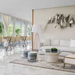 Lobby lounge and workspace at The Altair Hotel Bay Harbor.