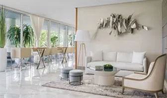 Lobby lounge and workspace at The Altair Hotel Bay Harbor.