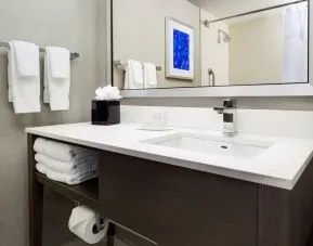 Private guest bathroom with shower and free toiletries at Courtyard Boston Cambridge.