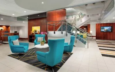 Hotel lobby at Courtyard Boston Cambridge.