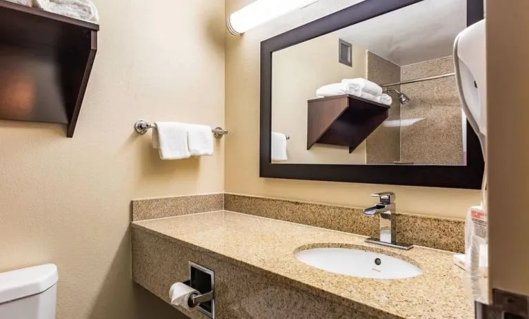 Private guest bathroom with shower and free toiletries at Red Roof PLUS+ & Suites Houston - IAH Airport SW.