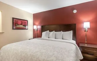 King bed at Red Roof PLUS+ & Suites Houston - IAH Airport SW.