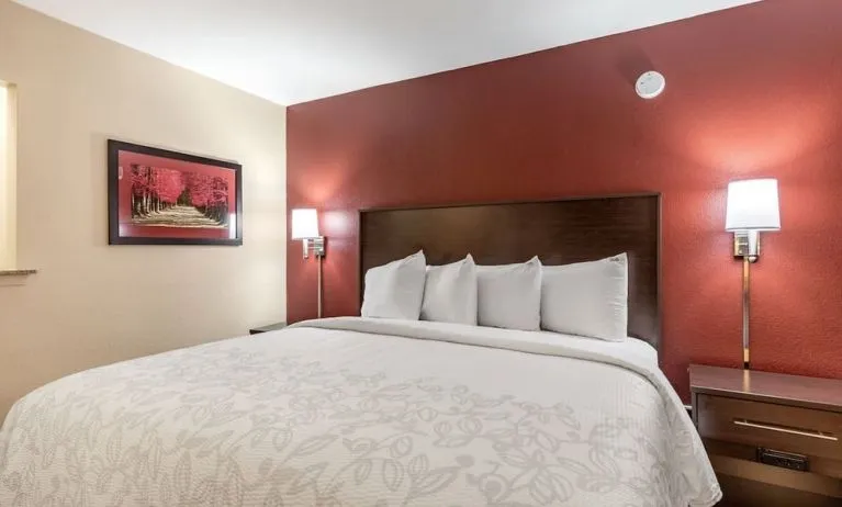 King bed at Red Roof PLUS+ & Suites Houston - IAH Airport SW.