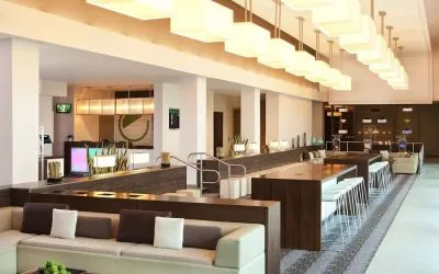 Lounge area and workspace at Element Miami International Airport.