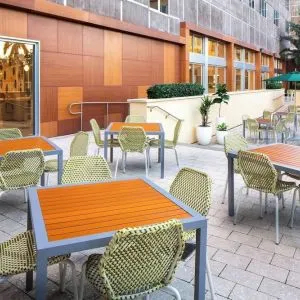 Outdoor dining area at Element Miami International Airport.