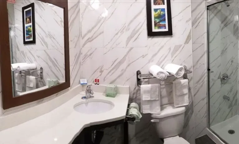 Private guest bathroom with shower and free toiletries at Days Inn By Wyndham Brooklyn Marine Park.