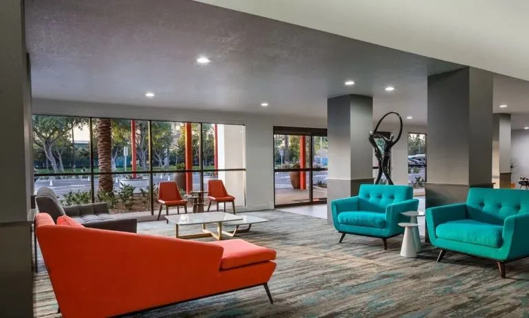 Lobby and coworking lounge at The Anaheim Hotel.