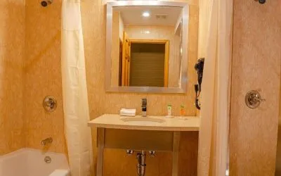 Private guest bathroom with combined shower and tub at Elmhurst Hotel.