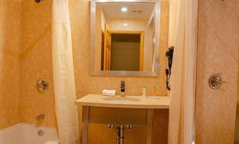 Private guest bathroom with combined shower and tub at Elmhurst Hotel.